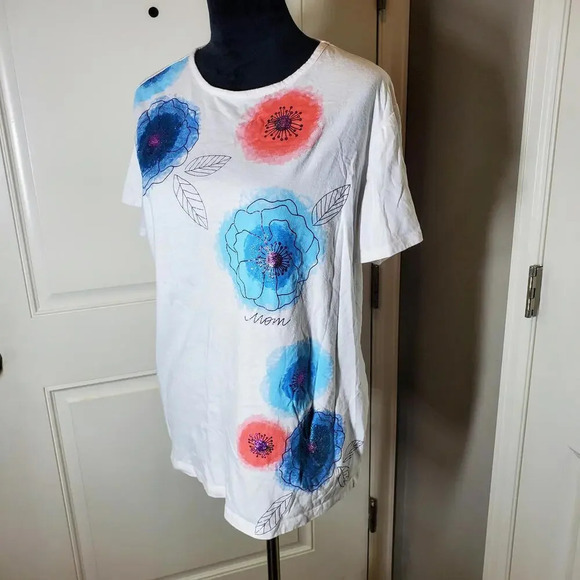 Basic Editions Short Sleeve Floral Stretchy Glittery Cotton “Mom” Tee Size XL - Picture 1 of 17